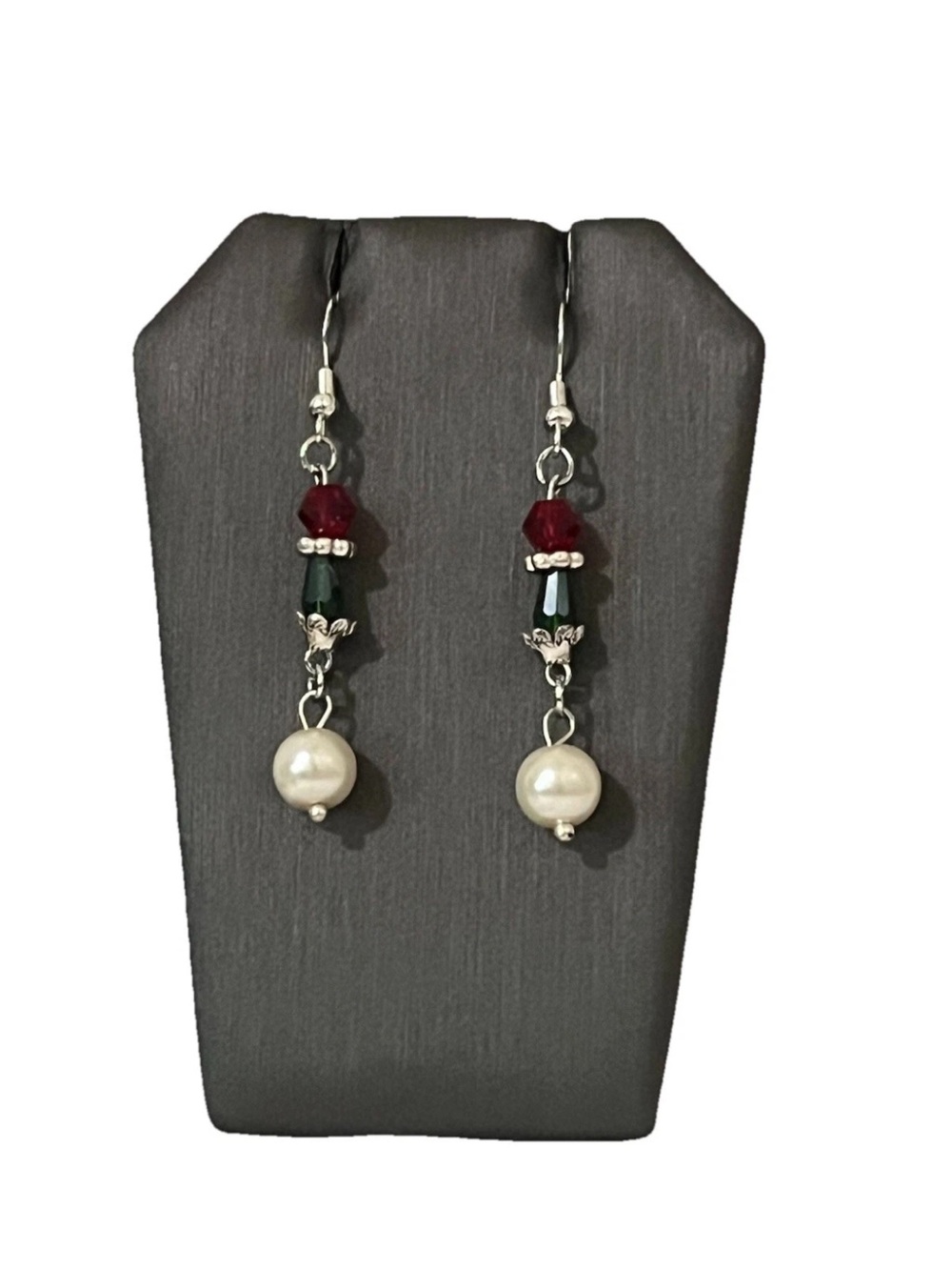 Christmas Festive Faux Pearl Earrings Red Green Bead Holiday Gift Handmade